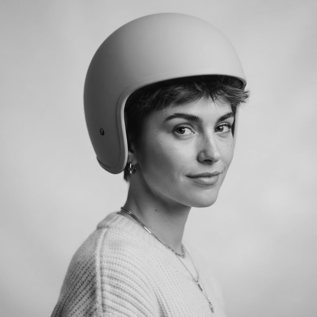 A woman wearing a motorcycle helmet