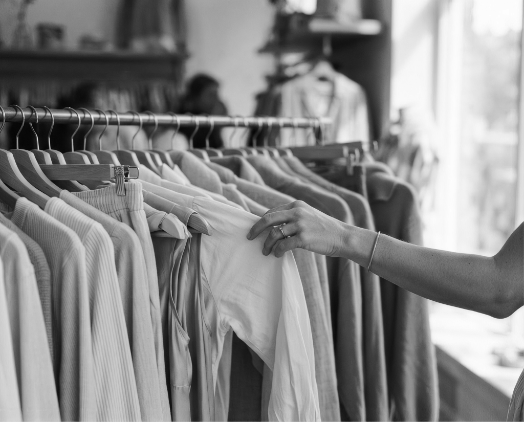 A shopper browsing garments on a clothing rail